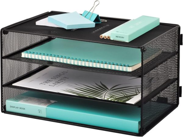 EASEPRES Paper Organizer Tray, 3 Tier Mesh Desk File Organizer Letter Sorter Holder for Home Office, Black