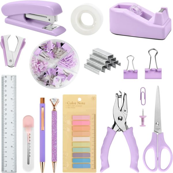 leepiya Office Supplies kit 16 Set Office Desk Accessories with Stapler Scissor Staple Remover Hole Punch Tape Dispenser Index tabs binderclips and thumbtacks Paper Clips 1000 pcs Staples