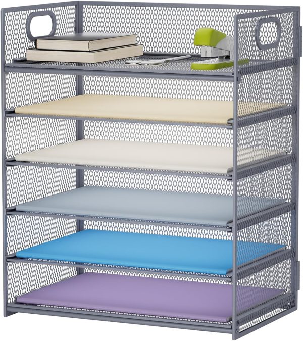 Marbrasse 6 Tier Paper Organizer Letter Tray - Mesh Desk File Organizer with Handle, Paper Sorter Organizer for Letter/A4 Office File Folder Holder - Grey