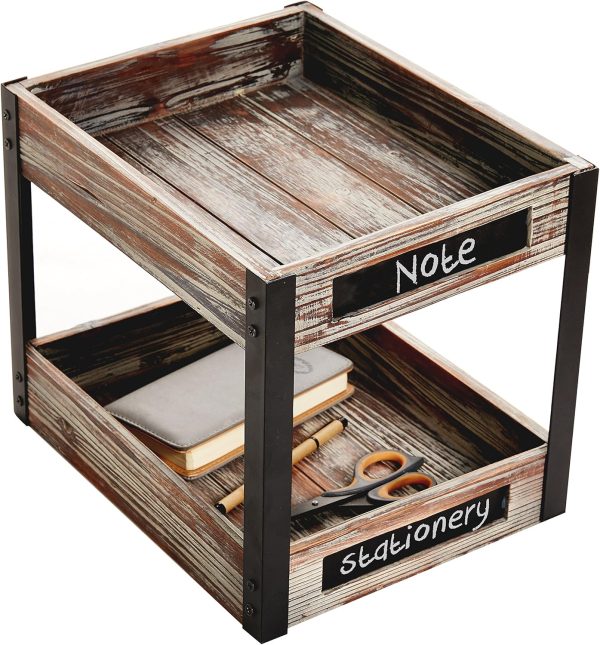 MyGift 2 Tier Torched Wood Desktop Document Letter Paper Tray with Metal Legs, Home Office Desk File Folder and Magazine Holder Rack with Chalkboard Labels